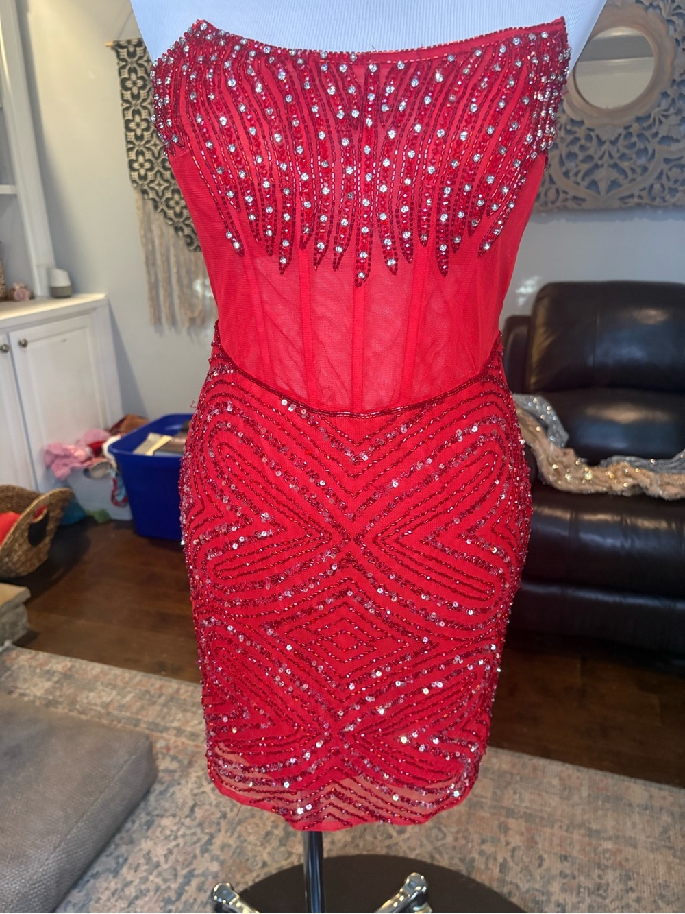 NET Sophia Thomas Red Beaded Strapless Cocktail Dress